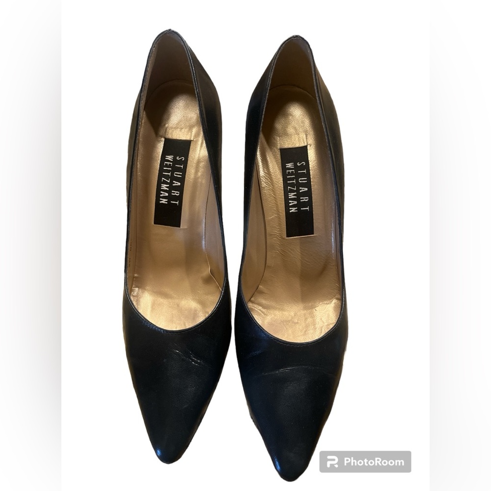 Vintage Stuart Weitzman, black leather heels with gold detail. Size 6.5. - Picture 2 of 8